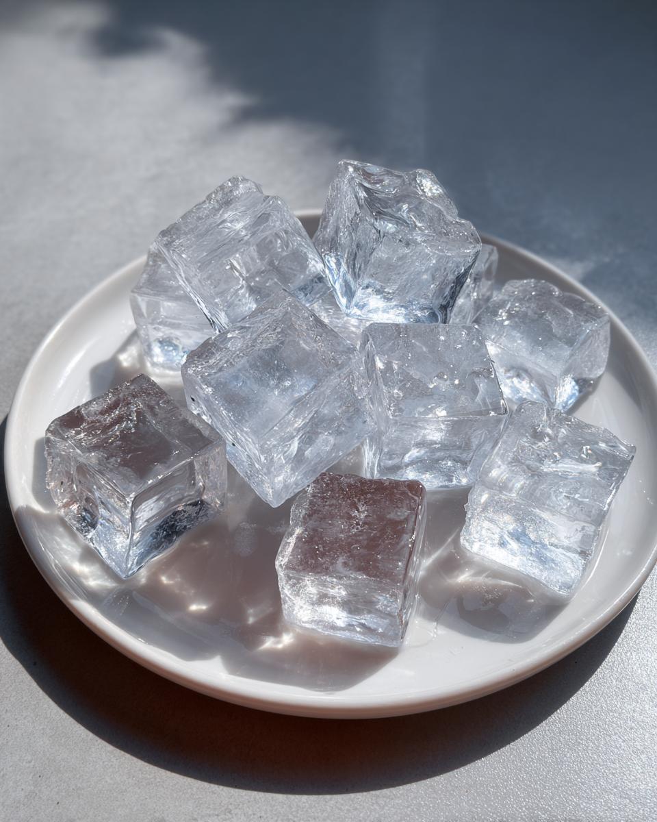 Amazing Homemade Cat Ice Treats: 12 Cool Licks 10 Close-up of clear ice cubes on a white plate, perfect for Homemade Cat Ice Treats.
