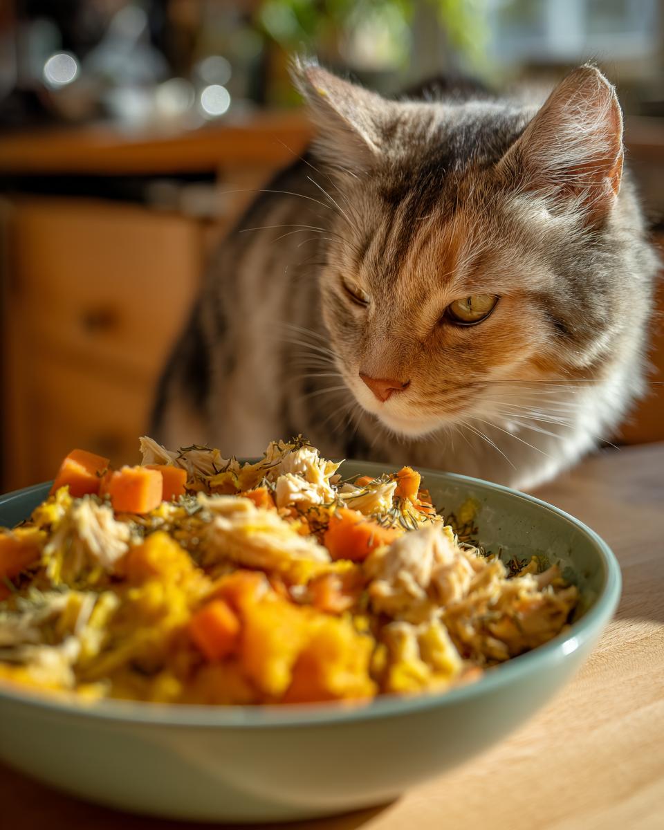 A cat looking at a bowl of homemade indoor cat weight control meal, with carrots and chicken.