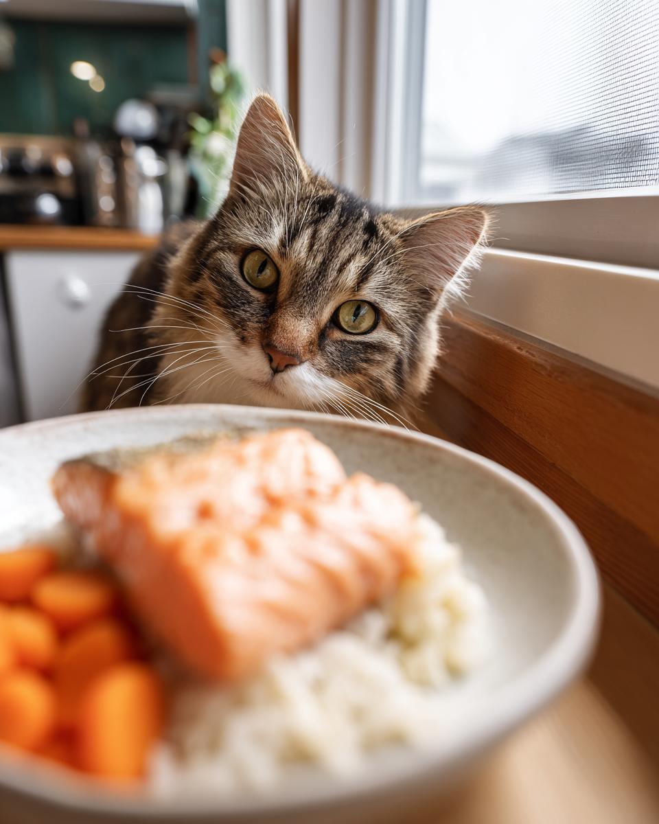 A curious cat looking at a bowl of fresh fish, rice, and carrots; a Fresh Fish Cat Bowl.