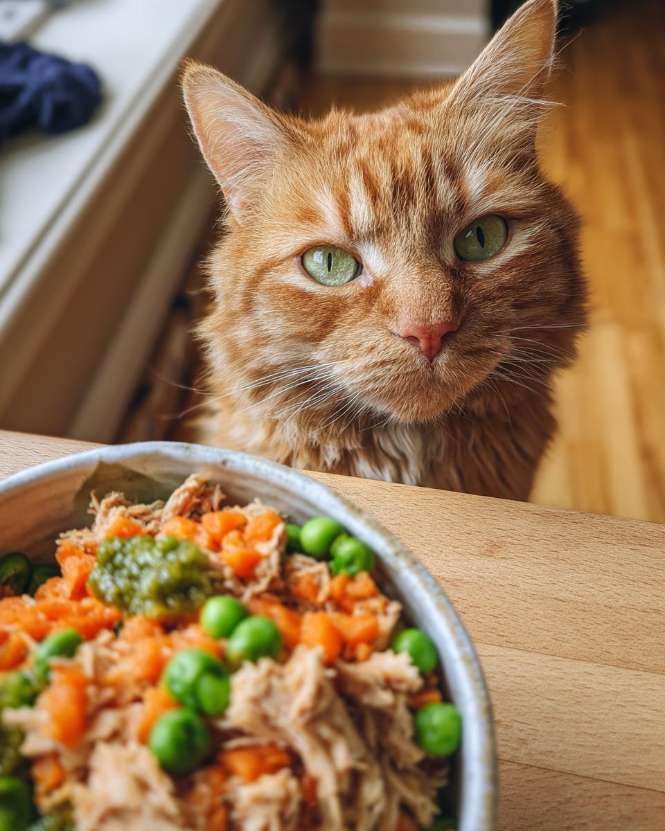Amazing Healthy Indoor Cat Meal You'll Love 10 Orange cat with green eyes looking at a bowl of healthy indoor cat meal with peas and carrots.