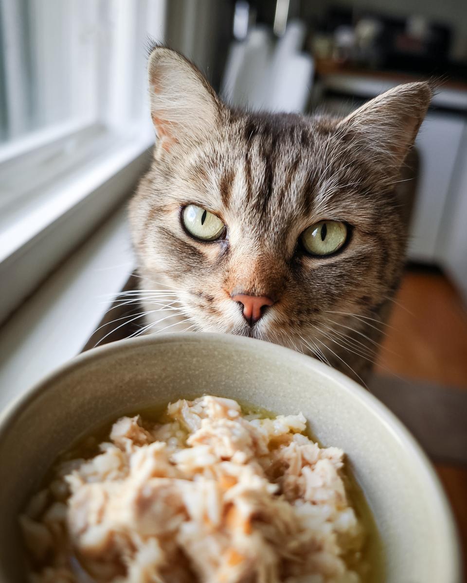 Amazing High-Calorie Cat Recovery Meal 7 A cat looking at a bowl of High-Calorie Cat Recovery Meal, ready to eat.