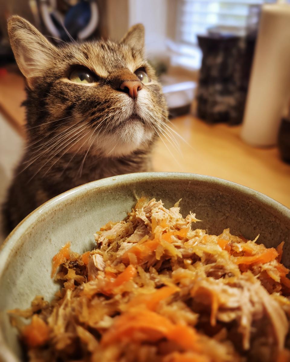 Delicious High-Protein Senior Cat Meal: 1 Recipe 10 A tabby cat looking up at a bowl of High-Protein Senior Cat Meal, with carrots and shredded meat.