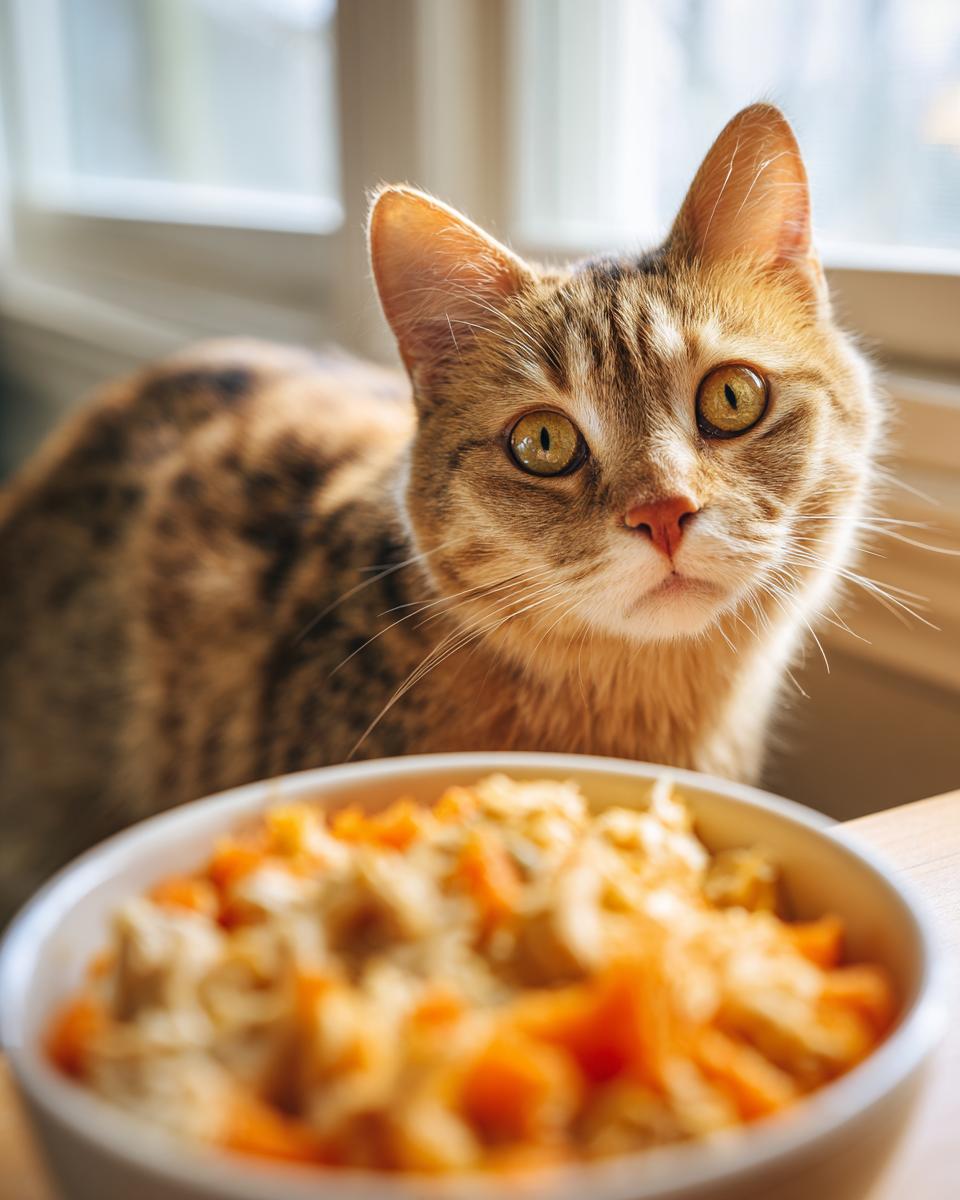 A cat looking intently at a bowl of homemade Indoor Cat Weight Control Meal, ready to eat.
