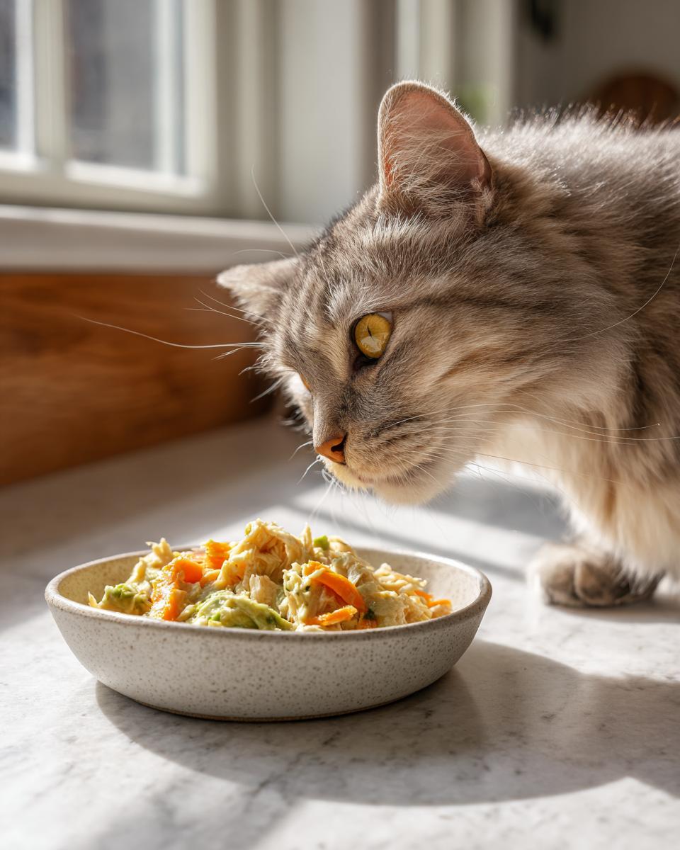 Amazing High-Protein Turkey Cat Food: 1 Hearty Meal 10 A cat sniffing a bowl of High-Protein Turkey Cat Food, ready to eat.