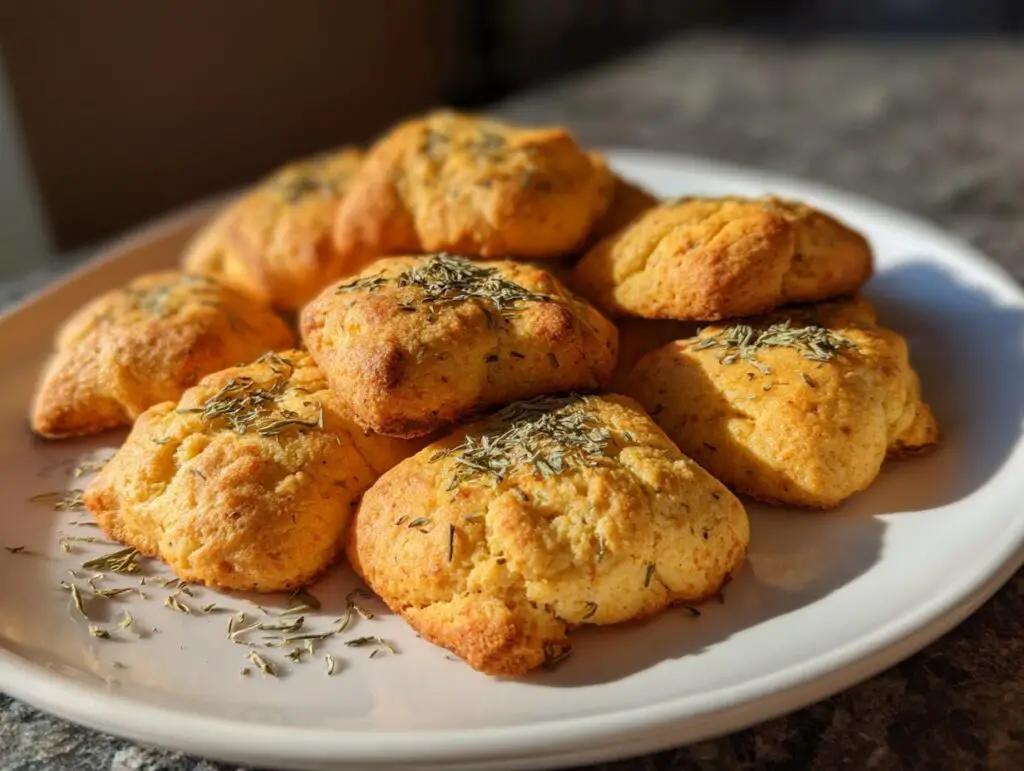 Close-up of a plate of freshly baked catnip-infused cat treats, sprinkled with herbs.