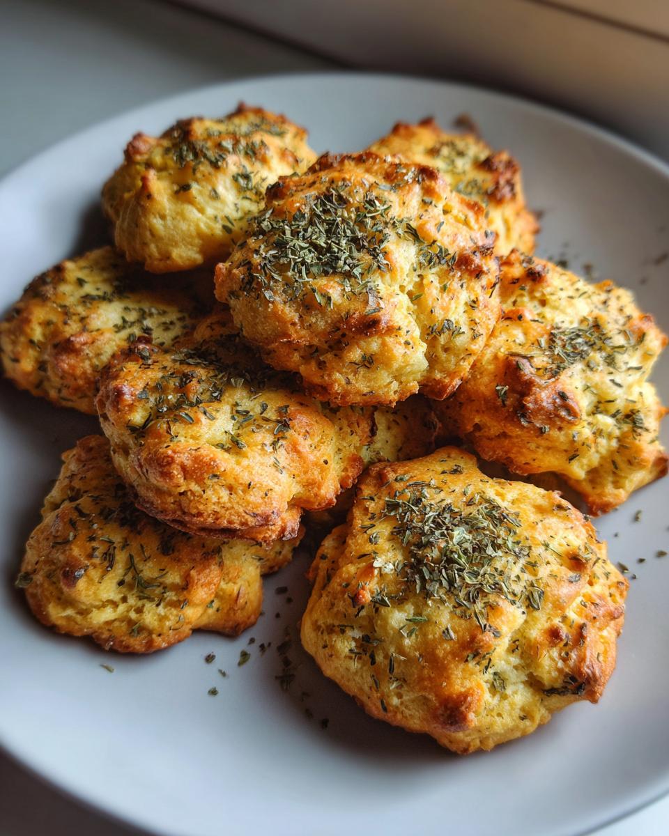 Close-up of a pile of freshly baked catnip-infused cat treats on a plate, sprinkled with herbs.