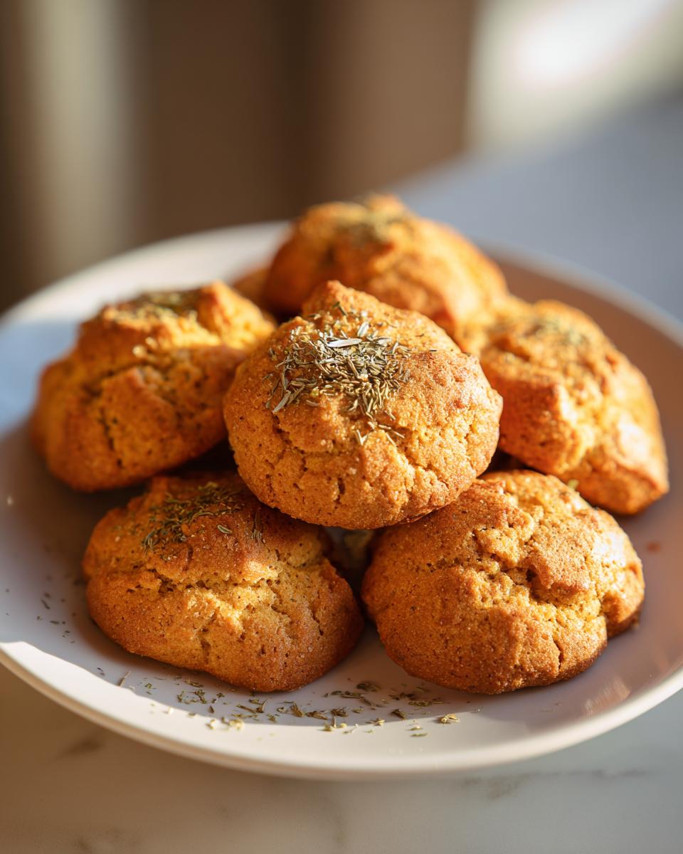 Close-up of a plate of homemade catnip-infused cat treats, sprinkled with herbs.