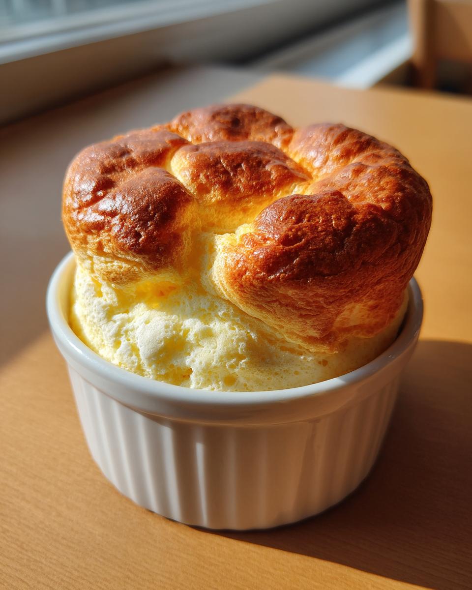 Close-up of a golden-brown cheese soufflé in a white ramekin, the star of our Master the Foolproof Cheese Soufflé recipe.