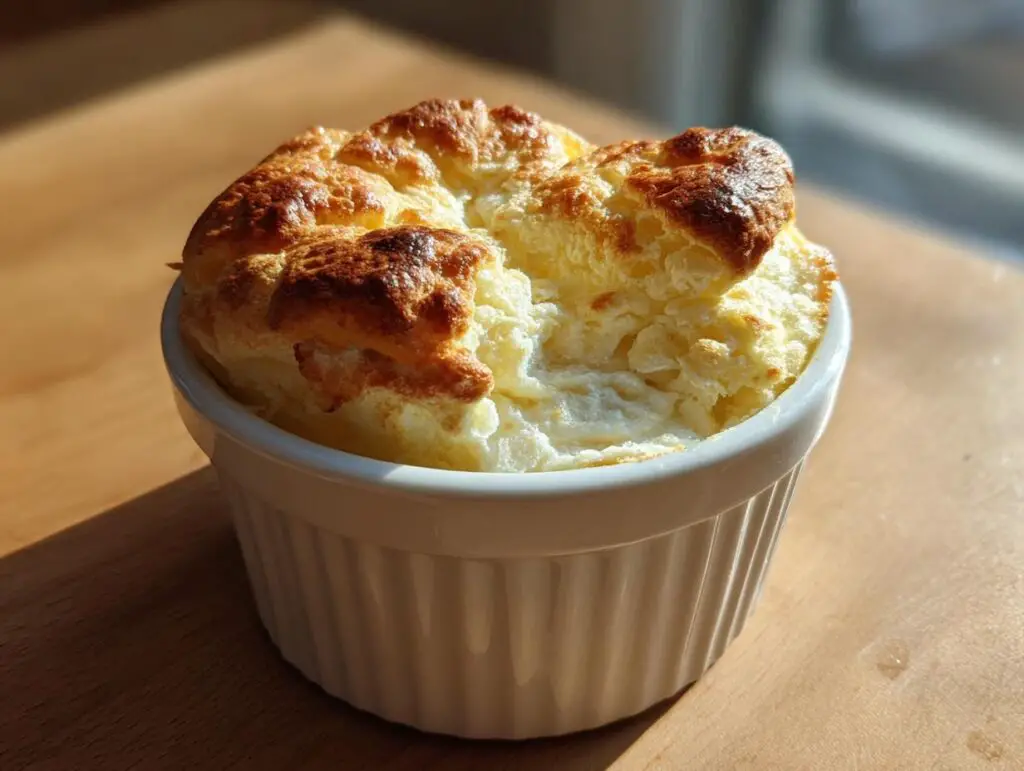 Close-up of a golden-brown Cheese Soufflé in a white ramekin, ready to serve.