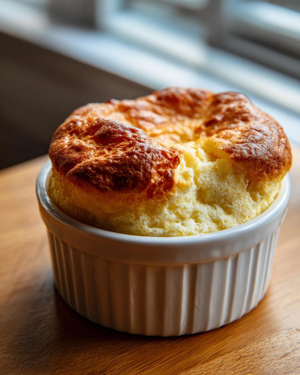 Close-up of a golden-brown cheese soufflé in a white ramekin, showcasing its fluffy texture. The image highlights the perfect rise of the cheese soufflé.