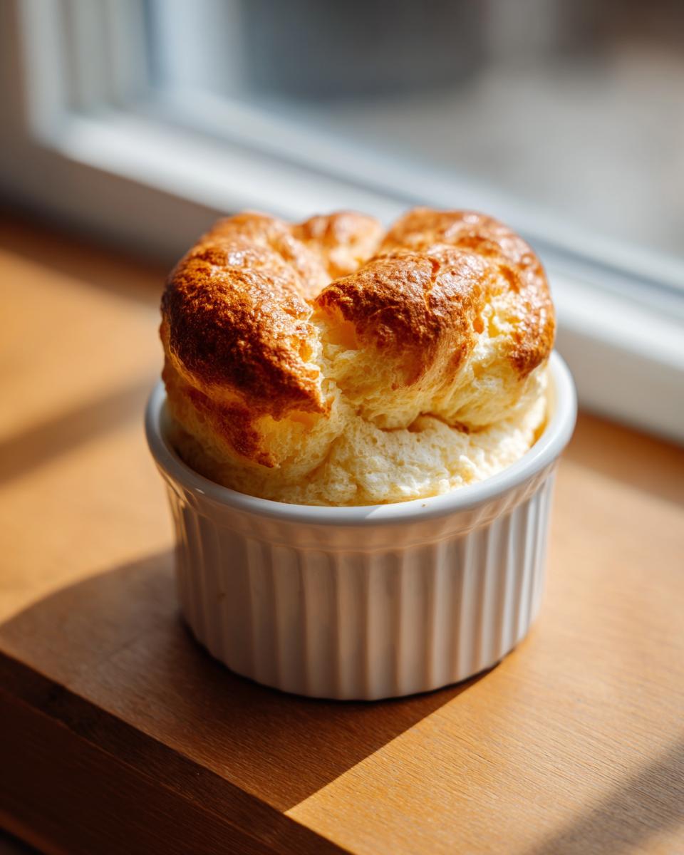 Close-up of a perfectly baked cheese soufflé in a white ramekin, the primary keyword is cheese soufflé.