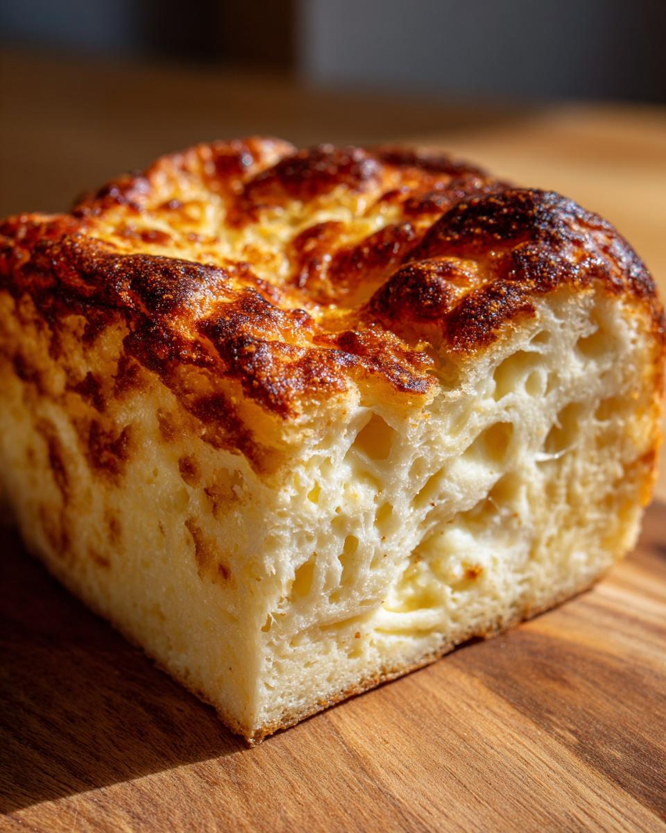 Close-up of a slice of a golden-brown cheese soufflé, showing the airy texture. The perfect Foolproof Cheese Soufflé for Beginners.