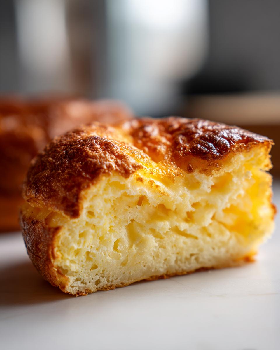 Close-up of a slice of a golden-brown cheese soufflé, showing its airy texture. This is a foolproof cheese soufflé.