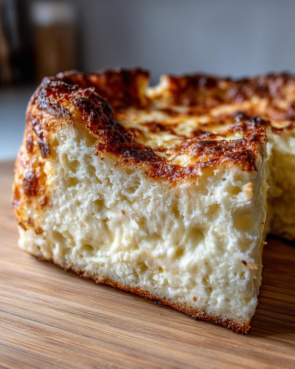 Close-up of a slice of a golden-brown cheese soufflé, showing its airy texture.