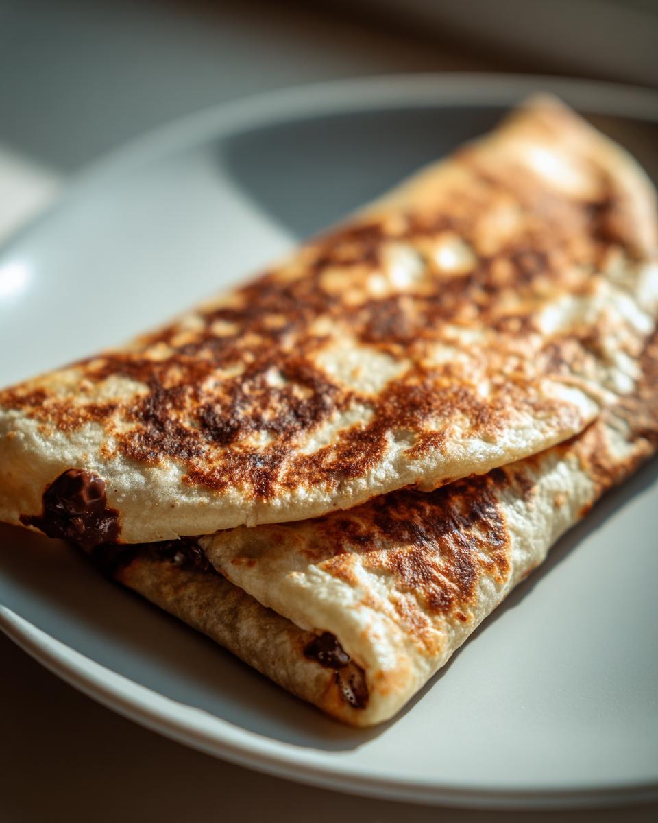 Close-up of golden-brown Chocolate Crunchy Wraps on a white plate, perfect for a quick dessert.