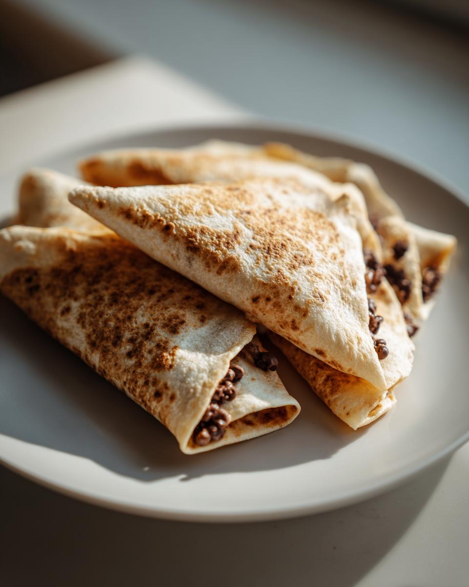 Close-up of several Chocolate Crunchy Wraps on a plate, showing the crispy texture and chocolate filling.