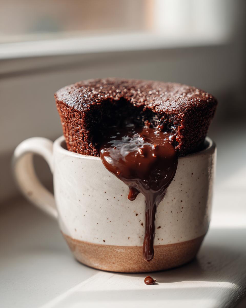 Close-up of a Decadent Microwave Chocolate Lava Mug Cake with a flowing chocolate center.