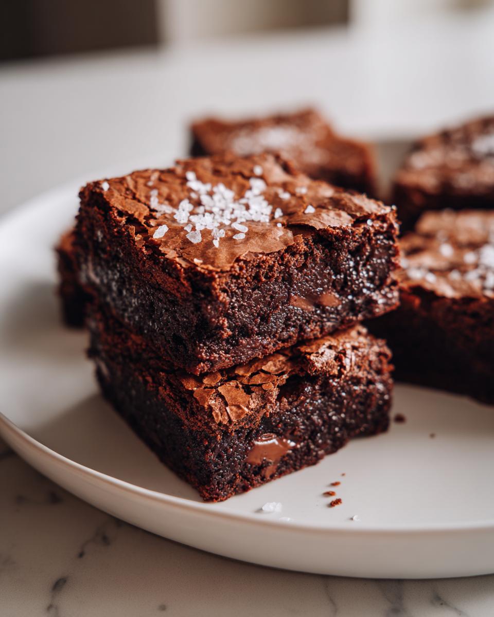Close-up of stacked Crispy-Edge Fudgy Brownie Bars with sea salt on a white plate.