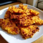 Close-up of golden, crunchy oven-baked cat treats on a white plate. The image showcases the Crunchy Oven-Baked Cat Treats.