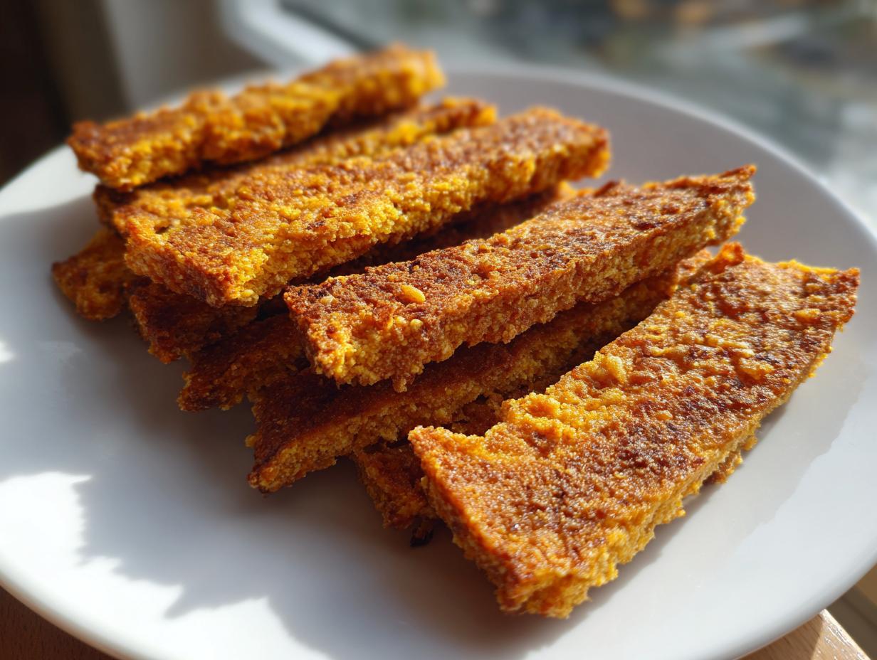 Close-up of a plate of crunchy oven-baked cat treats, golden brown and crispy.
