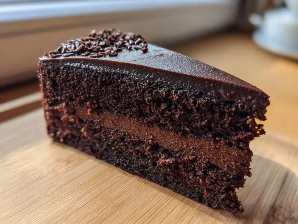 A slice of delicious Decadent Double Chocolate Cake on a wooden board.