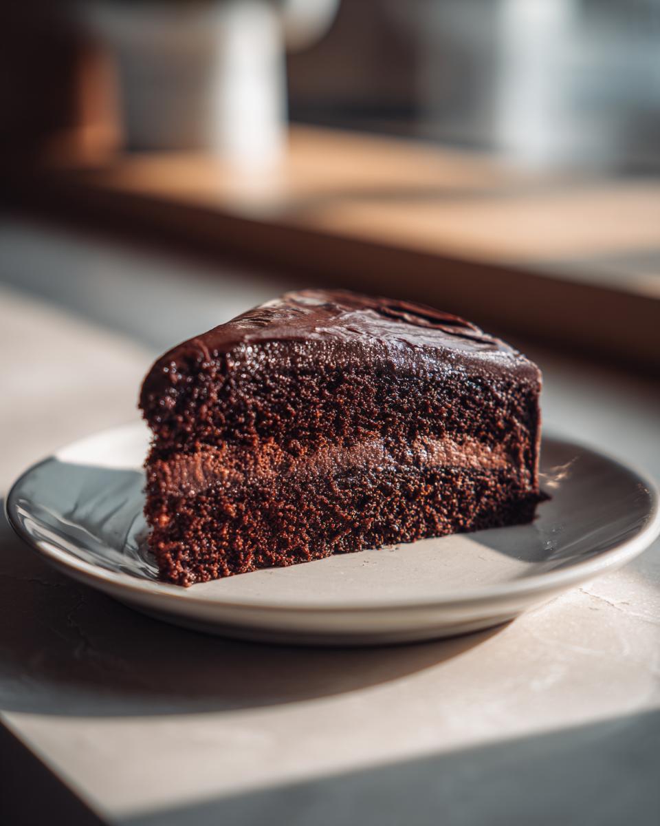 A slice of rich, moist Decadent Double Chocolate Cake on a white plate, perfect dessert.