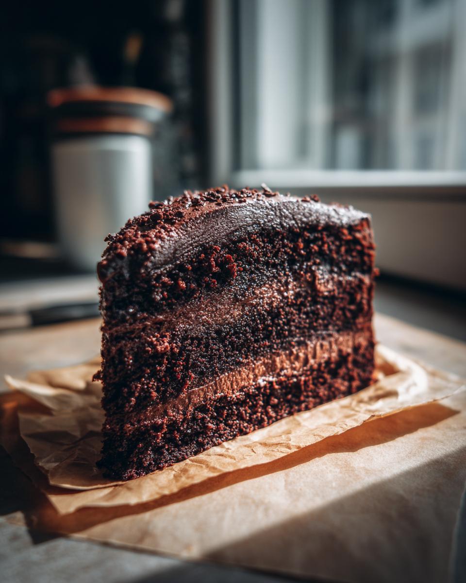 Close-up of a slice of Decadent Double Chocolate Cake on parchment paper, showing layers.