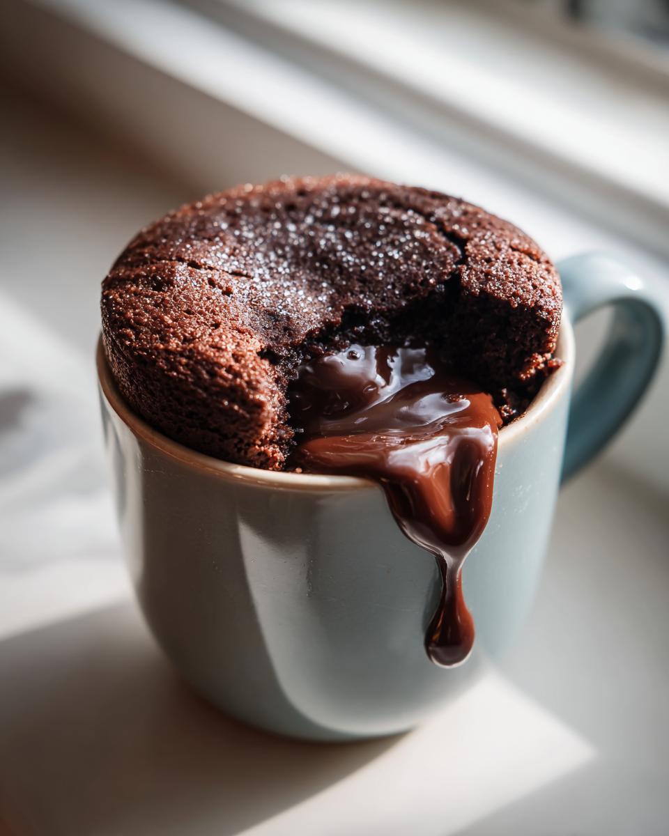 Close-up of a Decadent Microwave Chocolate Lava Mug Cake with molten chocolate oozing out.