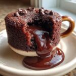 Close-up of a decadent microwave chocolate lava mug cake with molten chocolate oozing out.