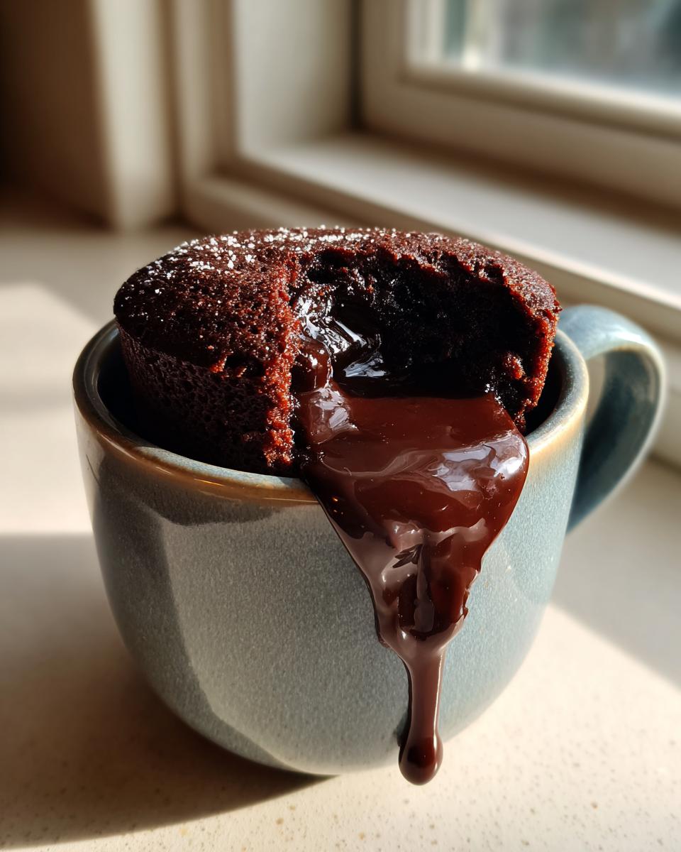 Close-up of a Decadent Microwave Chocolate Lava Mug Cake with molten chocolate dripping from the center.