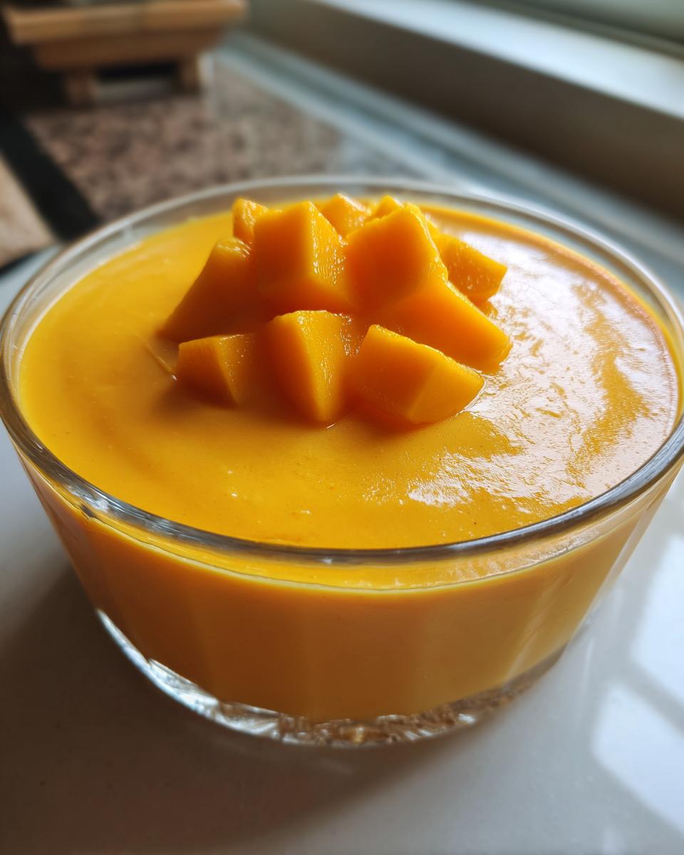 Close-up of a bowl of Delicious Mango Pudding topped with mango chunks.