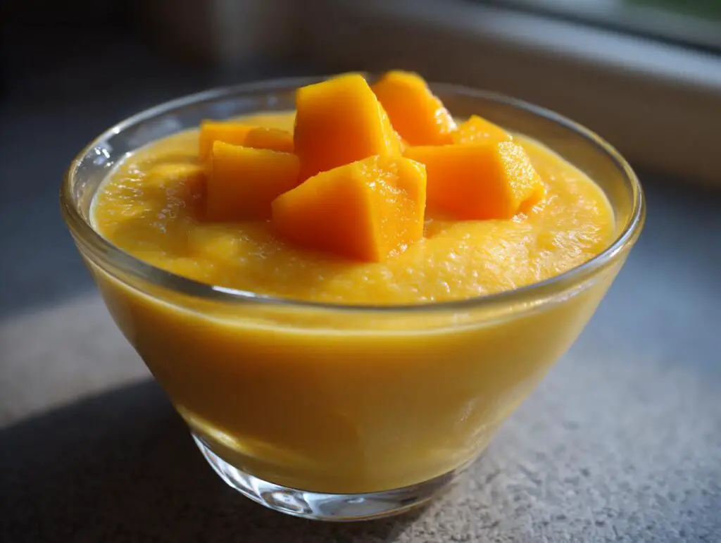 Close-up of a bowl of Delicious Mango Pudding topped with mango chunks.