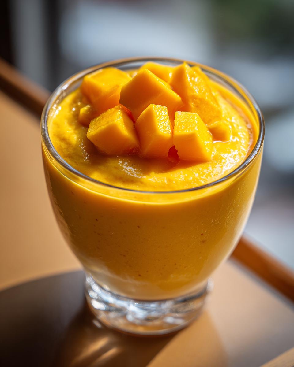 Close-up of a glass of Delicious Mango Pudding topped with mango chunks.