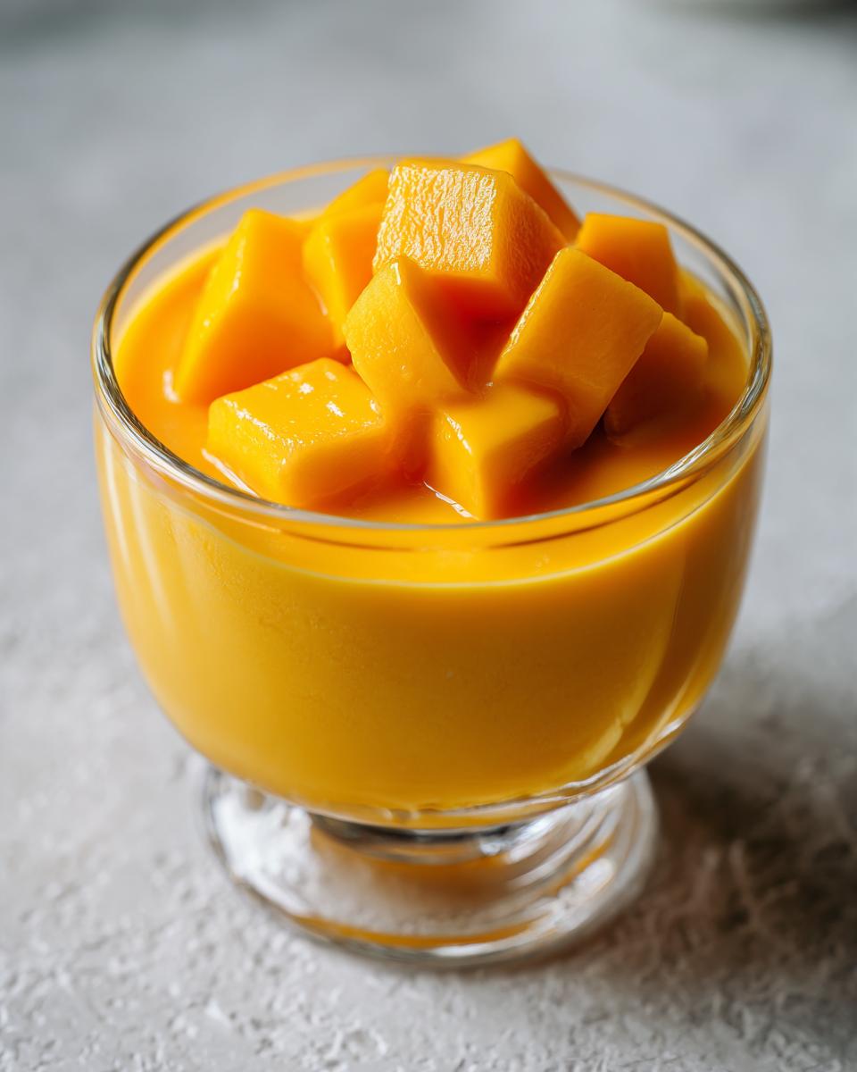 Close-up of a glass of Delicious Mango Pudding topped with fresh mango chunks.