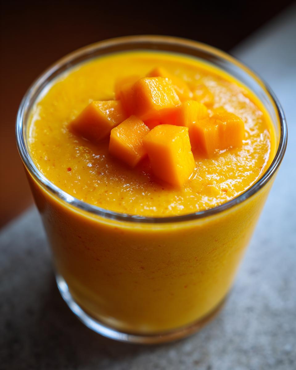 Close-up of a glass of Delicious Mango Pudding topped with fresh mango cubes.