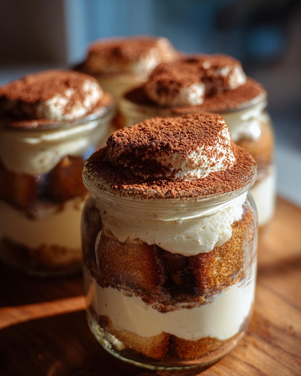 Close-up of several Easy Tiramisu Trifle Jars, layered with ladyfingers, cream, and cocoa powder.