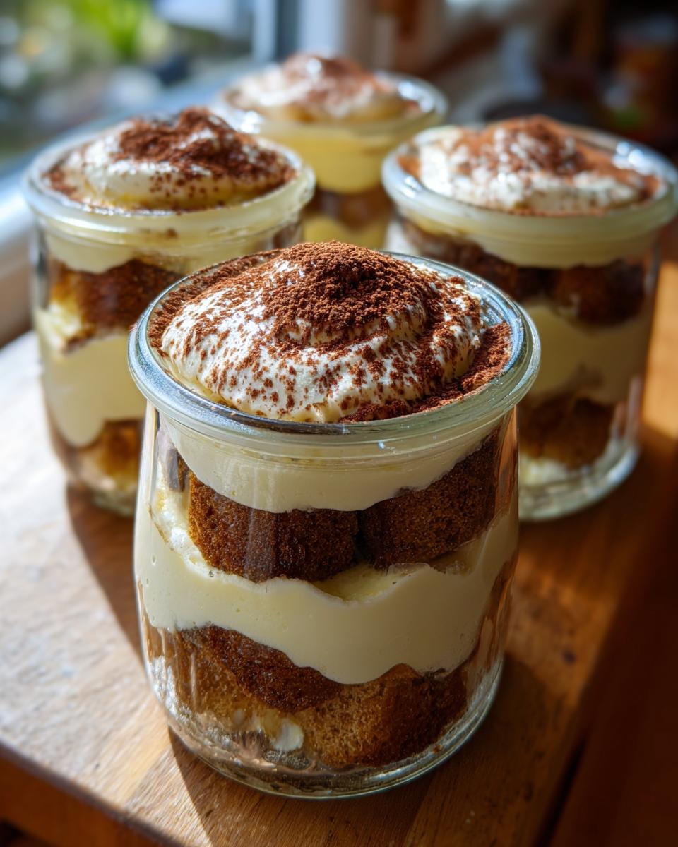 Close-up of several Easy Tiramisu Trifle Jars layered with ladyfingers, cream, and cocoa powder.