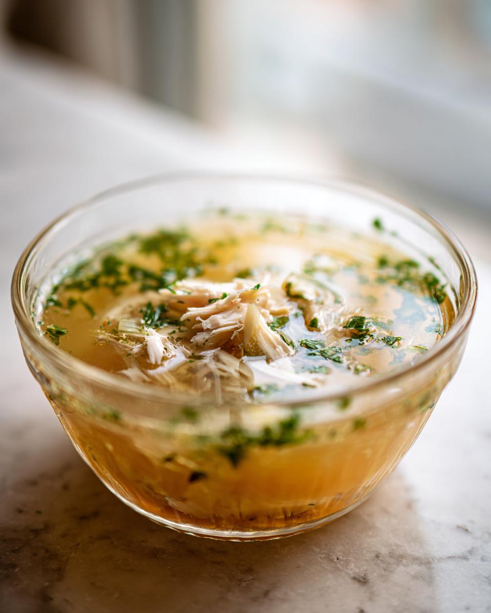 Amazing Fish Broth Cat Recipe: 1 Love Bowl 9 Close-up of a clear fish broth cat recipe in a glass bowl, garnished with herbs.