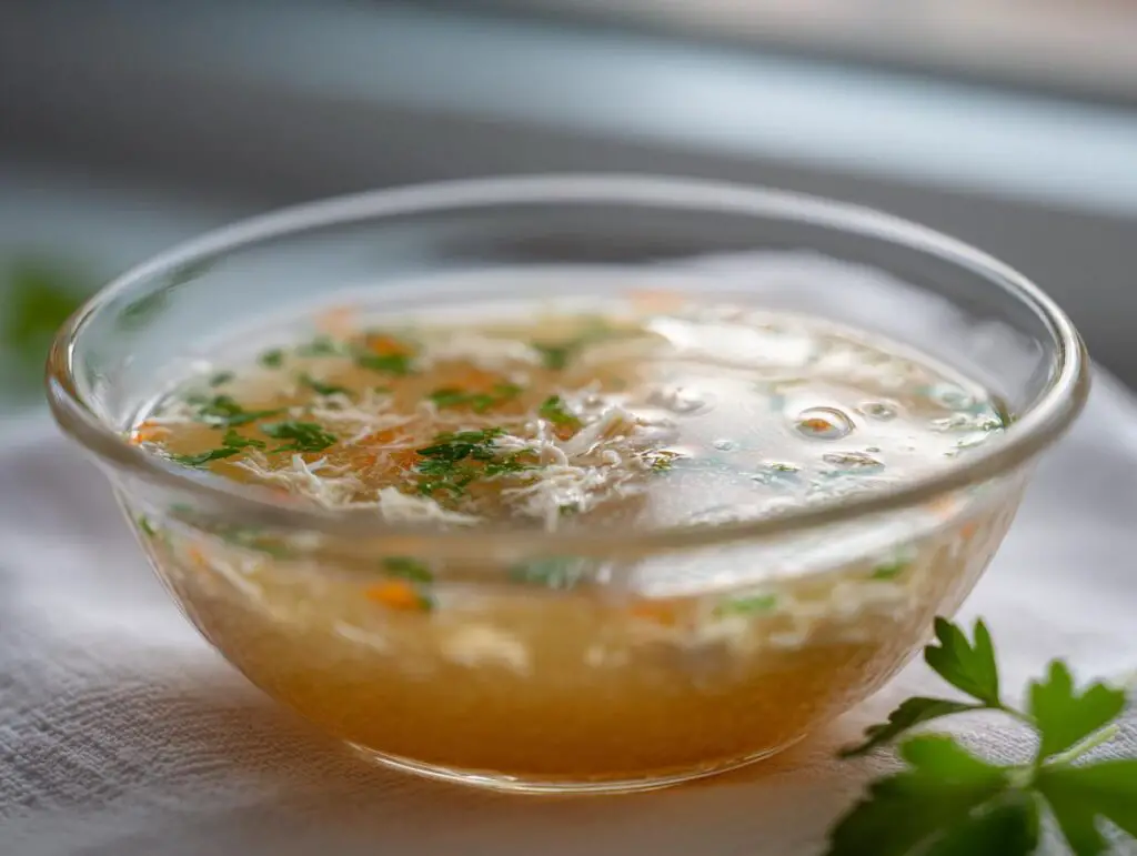 A clear glass bowl filled with homemade fish broth for cats, garnished with herbs.