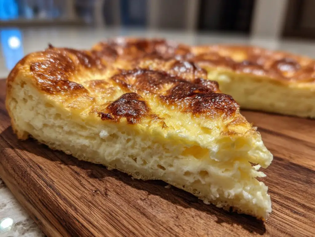 Close-up of a slice of Foolproof Cheese Soufflé, golden brown and fluffy, on a wooden board.