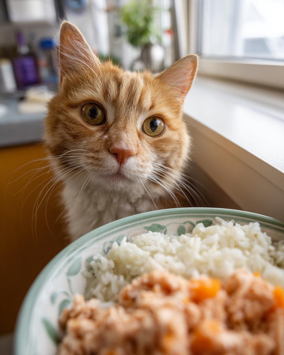 Orange cat looking at a bowl of food, likely a Fresh Fish Cat Bowl.
