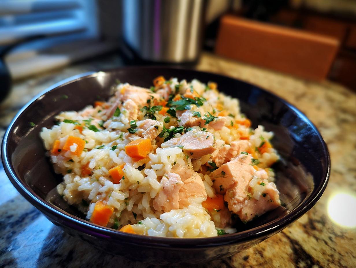 A close-up of a Fresh Fish Cat Bowl with rice, salmon, and carrots.