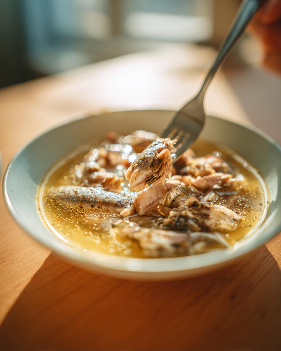 Amazing Fresh Sardine Cat Dinner: 1 Happy Cat 10 Close-up of a bowl of Fresh Sardine Cat Dinner being served with a fork.