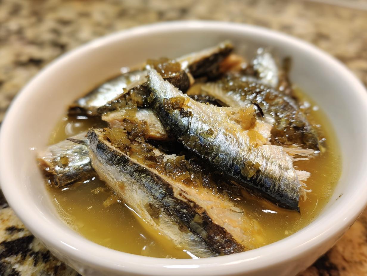 Amazing Fresh Sardine Cat Dinner: 1 Happy Cat 6 Close-up of a bowl of Fresh Sardine Cat Dinner, showing sardines in broth.