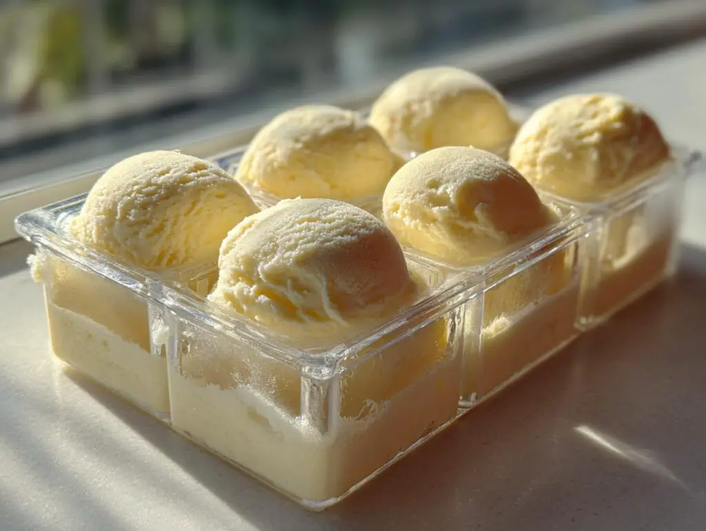 Close-up of a container filled with frozen cat treats, perfect for hot weather. The image shows the frozen cat treats.