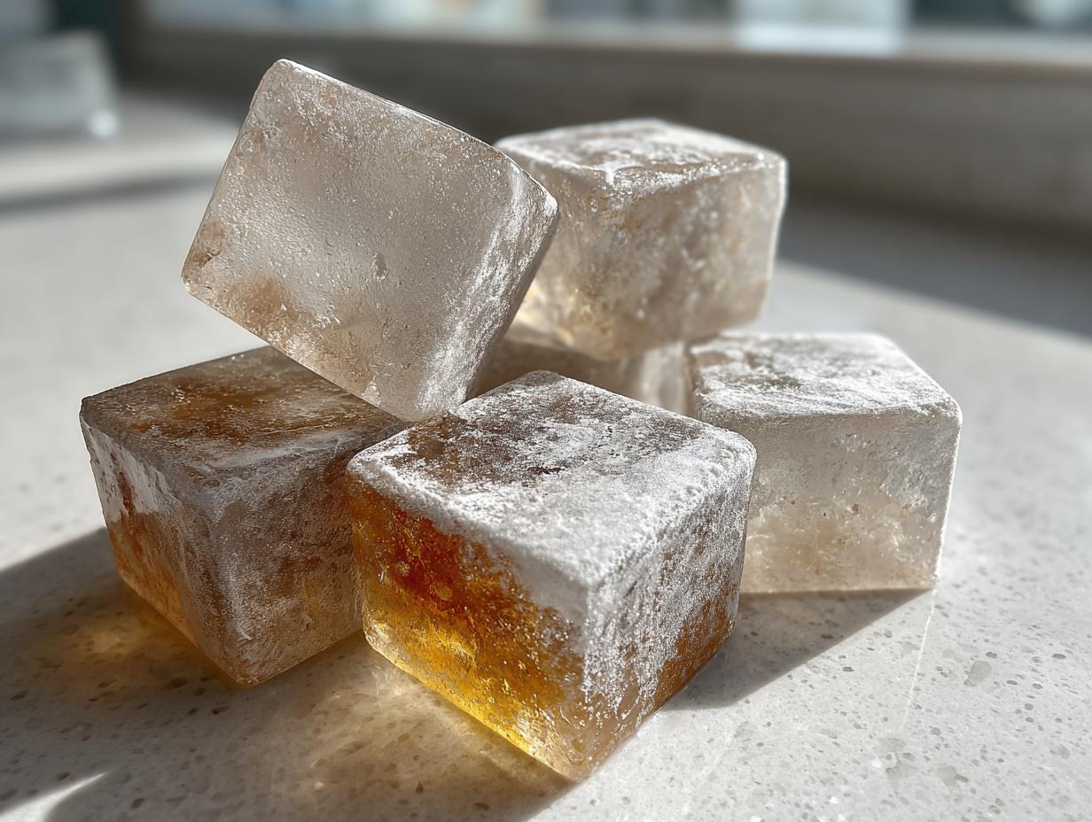 Amazing Frozen Tuna Cat Treat Cubes: 12 Treats 6 Close-up of several Frozen Tuna Cat Treat Cubes, a healthy treat for cats.