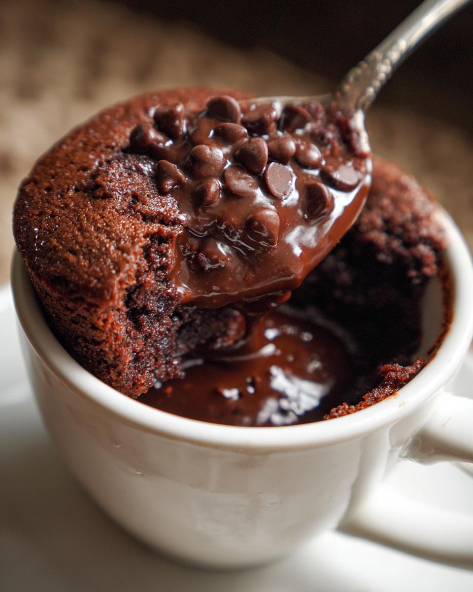 Close-up of a fudgy microwave brownie in a mug, with melted chocolate and chocolate chips.