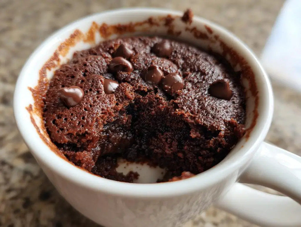 Close-up of a fudgy microwave brownie in a white mug with chocolate chips. This is an Easy Recipe: Make a Fudgy Microwave Brownie.