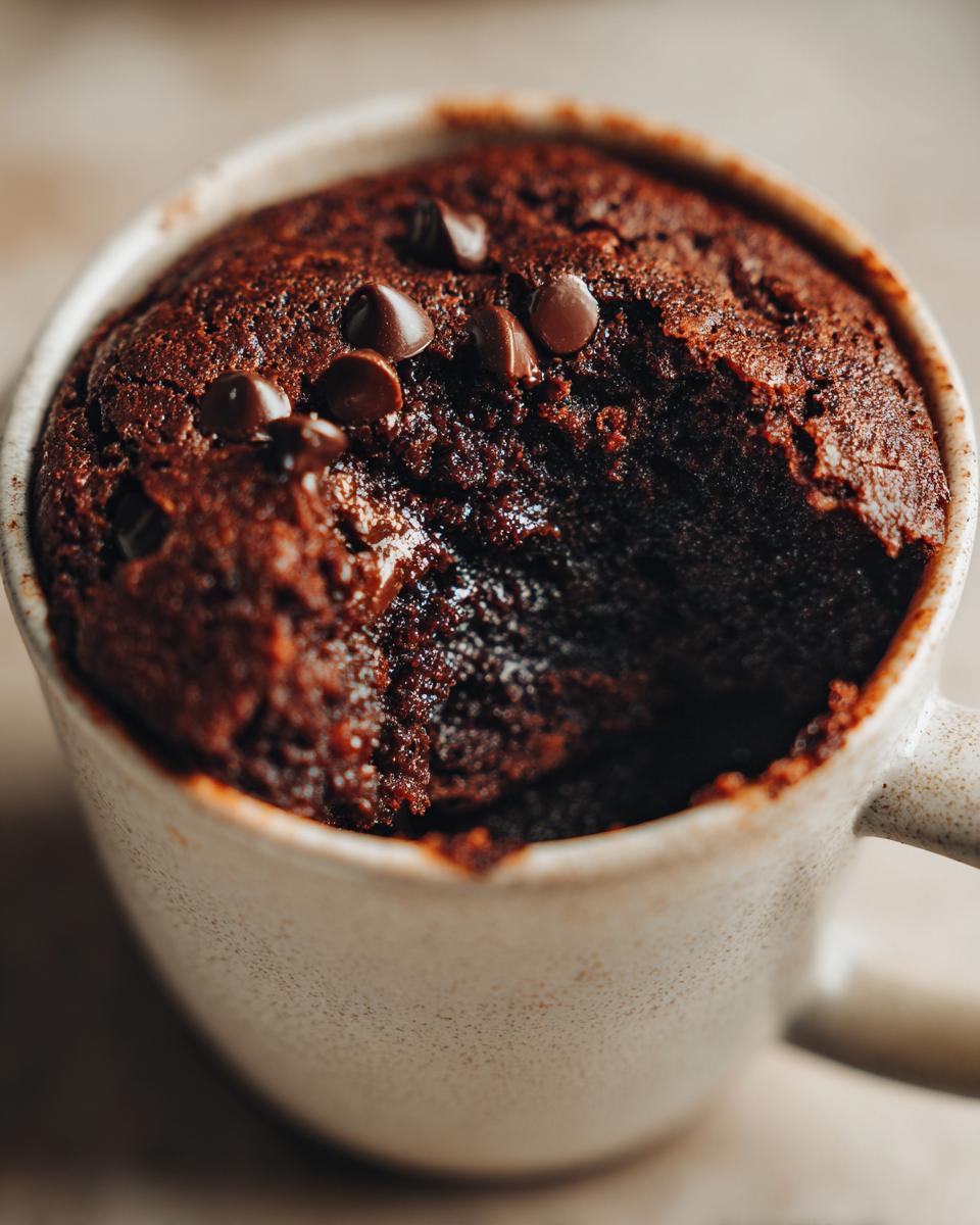 Close-up of a fudgy microwave brownie in a mug, topped with chocolate chips. This is an easy microwave brownie recipe.