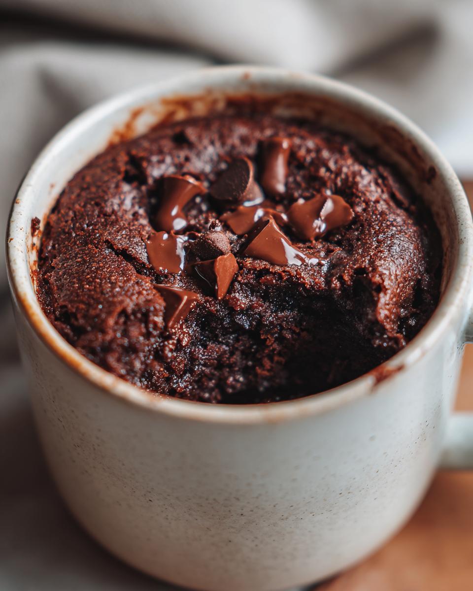 Close-up of a fudgy microwave brownie in a mug, topped with chocolate chips. This is an easy recipe for a microwave brownie.